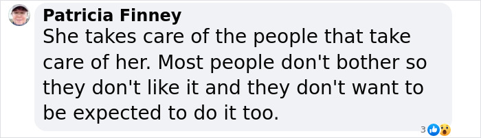 Comment by Patricia Finney about taking care of people, with reactions showing appreciation and surprise.
