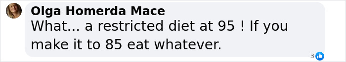 Text comment on Gene Hackman's strict diet at 95, questioning the need for restrictions at that age.