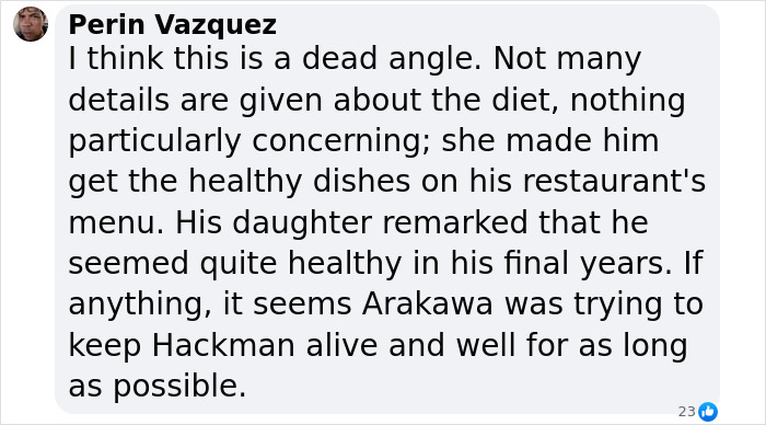 Perin Vazquez comments on Gene Hackman's diet and health efforts in a message.