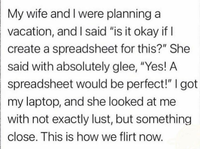 Text exchange about planning a vacation with spreadsheets, highlighting a humorous approach to relationships and social justice themes.