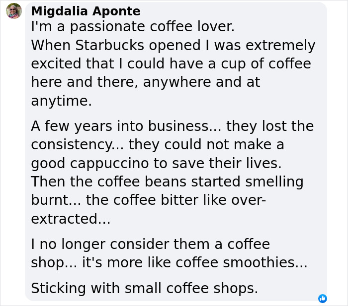 Text screenshot of a review about Starbucks menu update and coffee quality concerns. Text screenshot of a review about Starbucks menu update and coffee quality concerns.