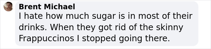 Text critique of Starbucks menu update, mentioning sugar content in drinks. Text critique of Starbucks menu update, mentioning sugar content in drinks.