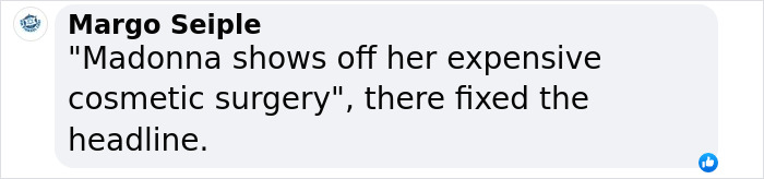 Comment referencing Madonna, highlighting cosmetic surgery in a fixed headline context.