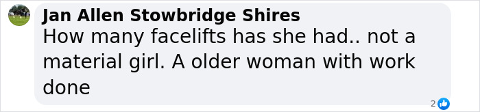 Comment discussing Madonna's appearance, questioning cosmetic work.