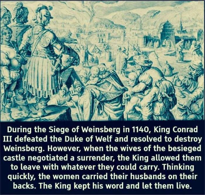 Historical illustration of the Siege of Weinsberg in 1140 showing women carrying their husbands on their backs to safety.