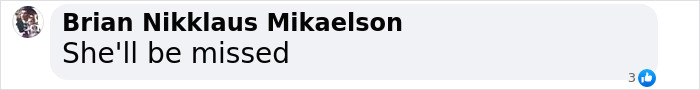 Comment on Michelle Trachtenberg receiving condolences, text reads 'She'll be missed' with three likes. Comment on Michelle Trachtenberg receiving condolences, text reads 'She'll be missed' with three likes.
