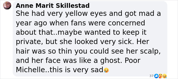 Comment expressing concern for Michelle Trachtenberg's health, mentioning yellow eyes and thin hair. Comment expressing concern for Michelle Trachtenberg's health, mentioning yellow eyes and thin hair.