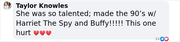 Comment praising Michelle Trachtenberg for her roles in "Harriet the Spy" and "Buffy," expressing sadness with heart emojis. Comment praising Michelle Trachtenberg for her roles in "Harriet the Spy" and "Buffy," expressing sadness with heart emojis.