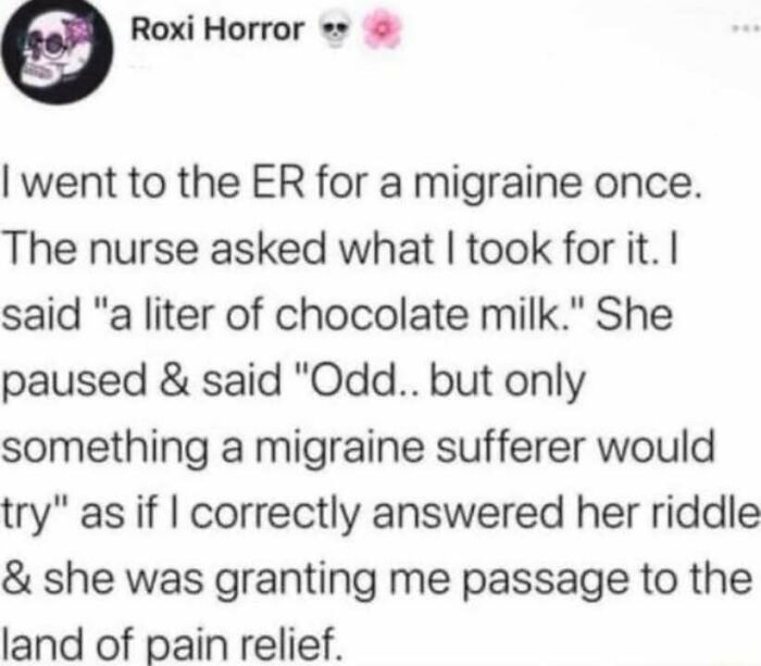 Text post about a humorous ER visit highlighting a unique migraine remedy, advocating social justice in healthcare.