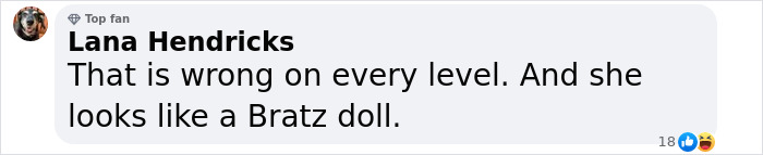 Facebook comment criticizing Tori Spelling, mentioning she looks like a Bratz doll.