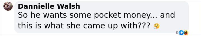 Comment on parenting, mentioning pocket money and creative ideas, with skeptical and amused emojis.