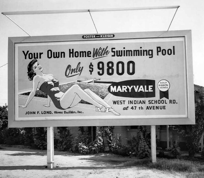 Vintage billboard advertising affordable homes with pools, reflecting interesting history events in real estate marketing.
