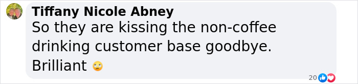 Comment expressing concern about Starbucks menu update and drinks. Comment expressing concern about Starbucks menu update and drinks.