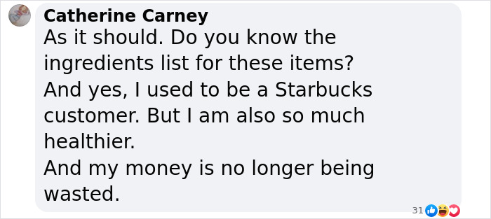 Text comment discussing Starbucks drinks and personal health improvement. Text comment discussing Starbucks drinks and personal health improvement.