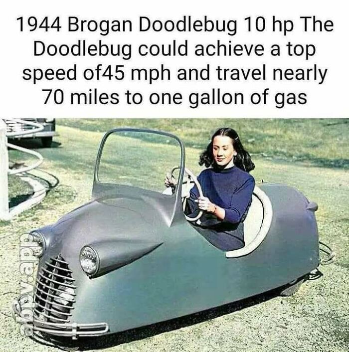 Woman driving a 1944 Brogan Doodlebug, a 10 hp vehicle known for its efficiency and historical significance.