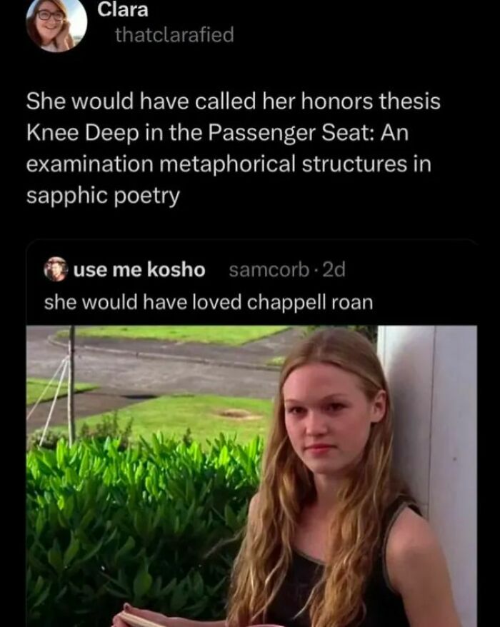 Social media post humorously addressing social justice themes with a woman sitting outside, referencing a thesis title.