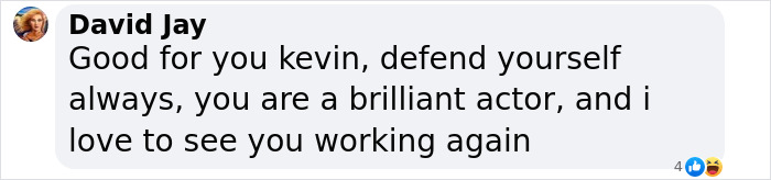 "Social media comment supporting Kevin Spacey, encouraging defense and career continuation.