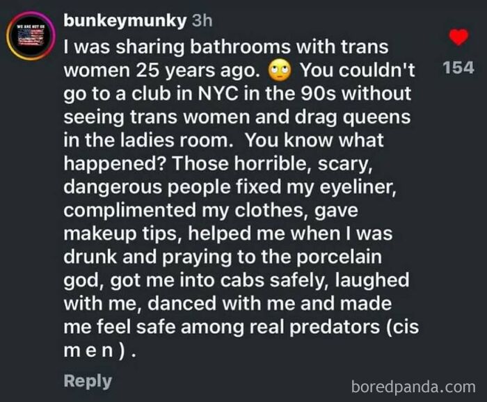 Text post supporting social justice, praising trans women and drag queens for their kindness and safety in 90s NYC clubs.