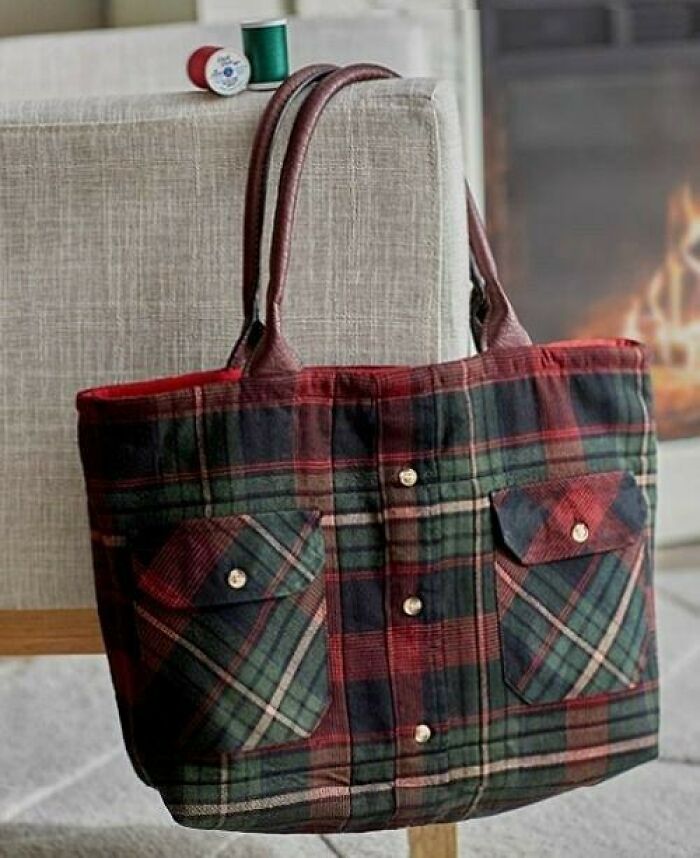 Plaid bag upcycled from a shirt, illustrating creative recycling ideas.
