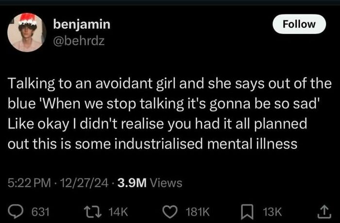 Tweet about social justice, discussing avoidant behavior and relationships, gaining 3.9 million views.