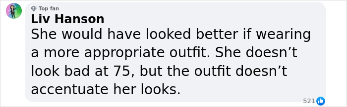 Comment on Vera Wang's red carpet look, discussing outfit appropriateness and age. Comment on Vera Wang's red carpet look, discussing outfit appropriateness and age.