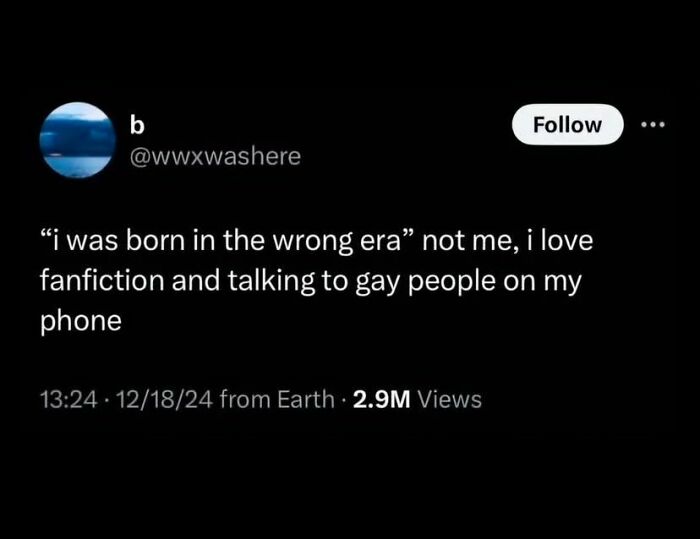 Social media post expressing joy for fanfiction and connecting with LGBTQ+ community.