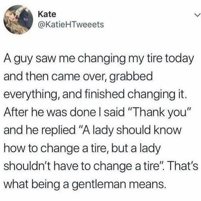 Tweet about a man helping a woman change a tire, highlighting kindness and social justice on social media.