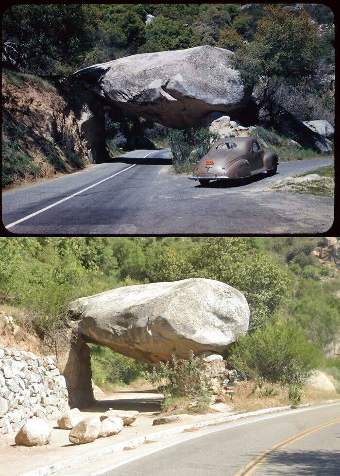 Vintage and modern photos of a car under a historical rock tunnel in nature.