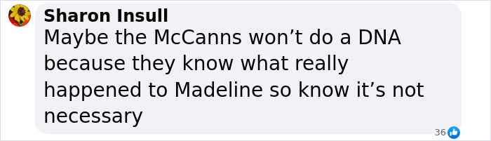 Comment discussing Madeleine McCann DNA test situation by Sharon Insull.