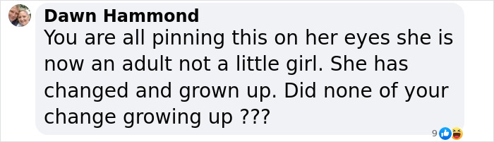 Comment discussing changes since childhood, mentioning Madeleine McCann in a social media context.