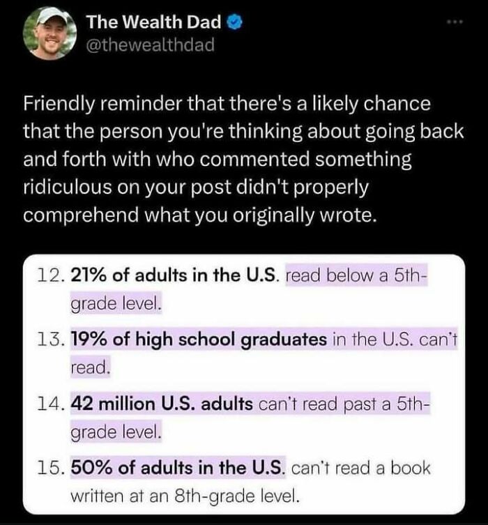Tweet highlighting social justice issues in U.S. literacy rates, with statistics on adult and high school graduate reading levels.
