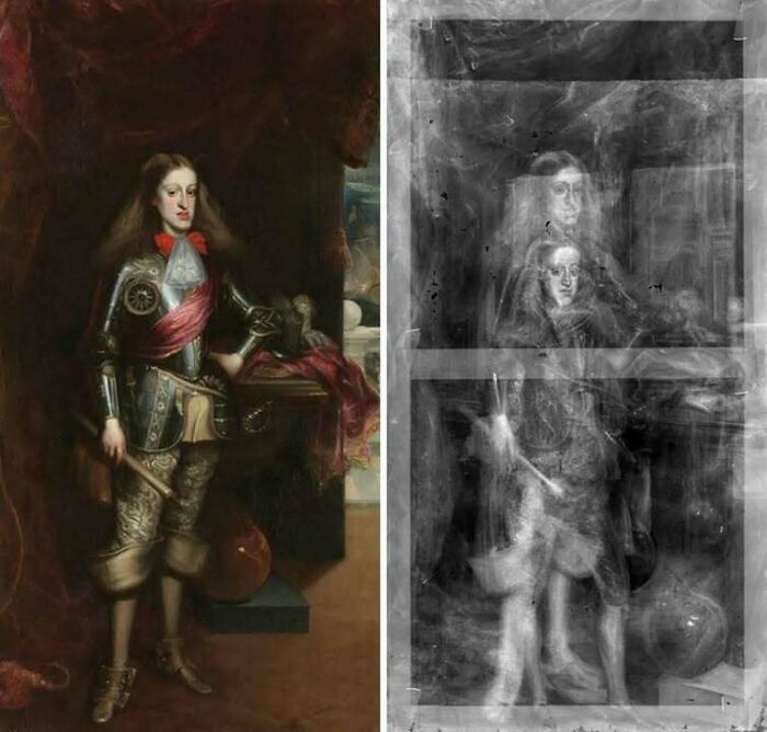Portrait of a historical figure in armor beside an X-ray revealing hidden layers beneath the painting.