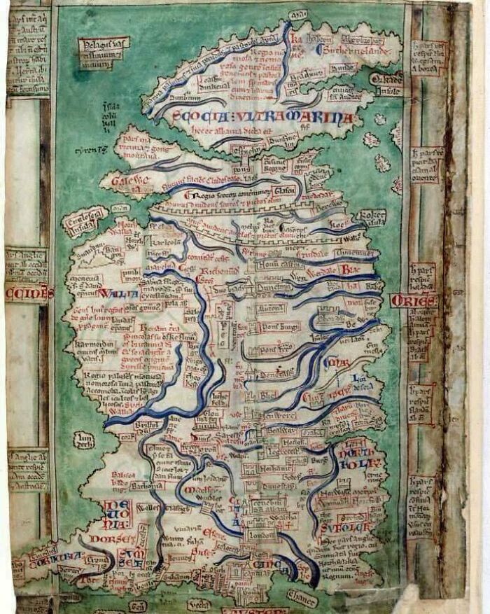 Ancient historical map depicting medieval England with detailed regions and river routes.