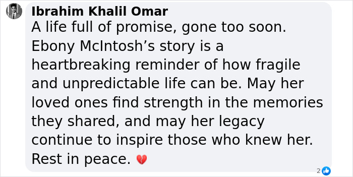 Text tribute to Ebony McIntosh, an influencer who passed away after developing a mysterious illness during a trip to South Asia.