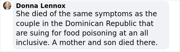 Text message about a woman's death from illness, compared to food poisoning case in the Dominican Republic.