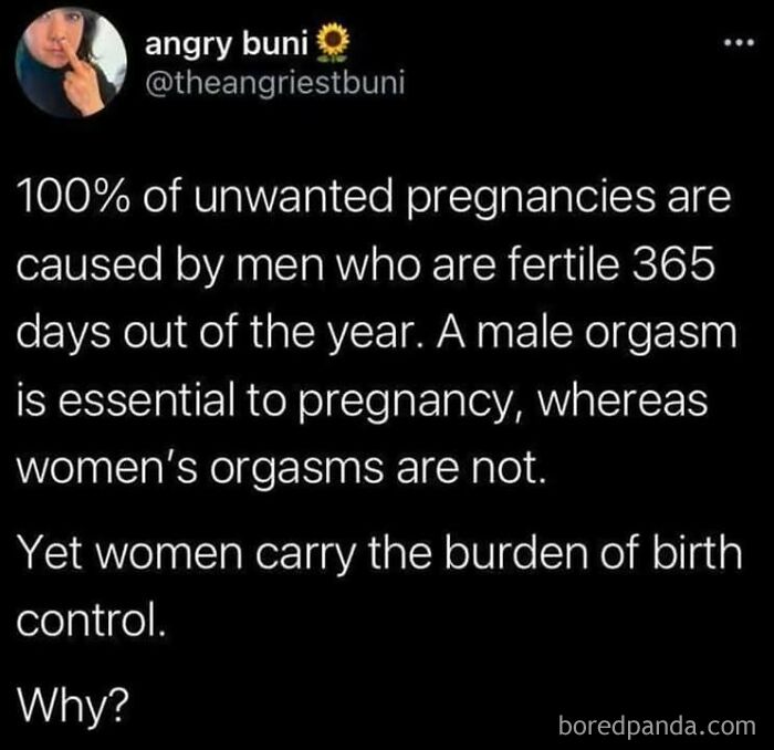 Tweet highlighting social justice issues around gender roles and birth control responsibility.