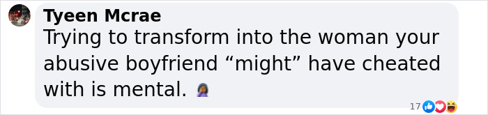 Text from social media post about a transformation with a facepalm emoji. Text from social media post about a transformation with a facepalm emoji.
