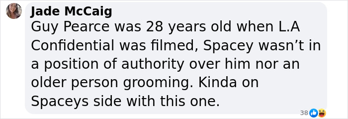 Social media comment discussing Kevin Spacey&rsquo;s response to Guy Pearce claims.