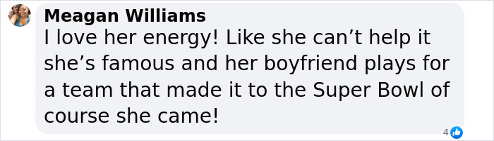 Text message praising Taylor Swift's energy after attending the Super Bowl.
