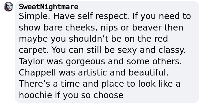 Text comment addressing dress code, emphasizing self-respect and modesty on red carpet.