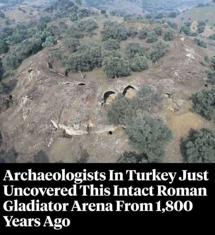 Intact Roman gladiator arena uncovered in Turkey, 1,800 years old, surrounded by trees and rocky terrain.