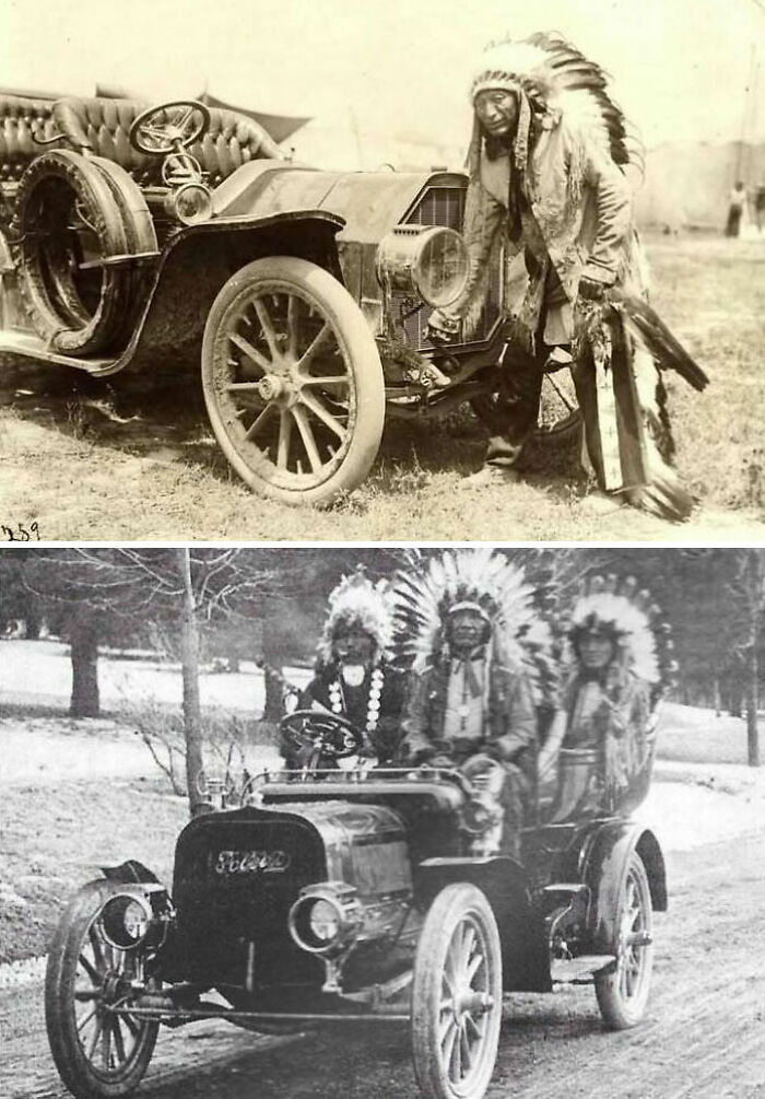 Historic images of Indigenous people in traditional attire with early 1900s automobiles.