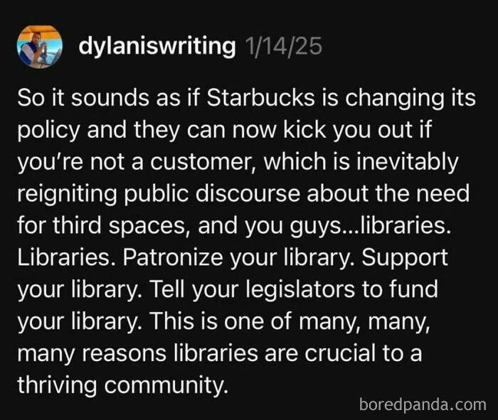 Social media post advocating for social justice, discussing Starbucks policy changes and supporting libraries as community spaces.