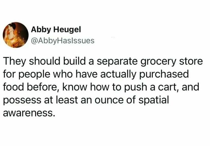 Tweet standing up for social justice with humor, suggesting specialized grocery stores for experienced shoppers.