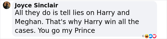 Text comment supporting Meghan Markle amid demand allegations.