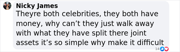 Text comment on celebrity divorce, discussing wealth and asset division. Text comment on celebrity divorce, discussing wealth and asset division.