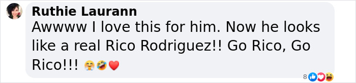 Comment praising Modern Family star Rico Rodriguez, expressing excitement about his look with emojis.