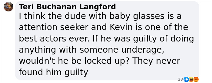 Social media comment discussing Kevin Spacey and claims made against him.