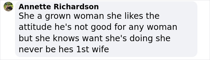 Comment by Annette Richardson discussing a grown woman's choices and relationship status.