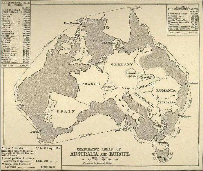 Map showing the comparative areas of Australia and Europe, with European countries superimposed over Australia.
